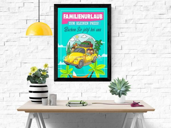 Familienurlaub buchen Poster | Werbeschild für Reisebüros