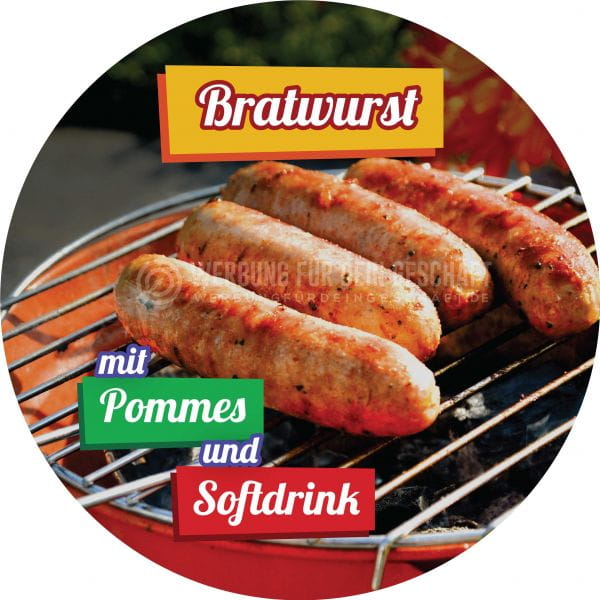Rund | Bratwurst mit Pommes Werbeplakat | Poster auch in DIN A 0 | Rundformat